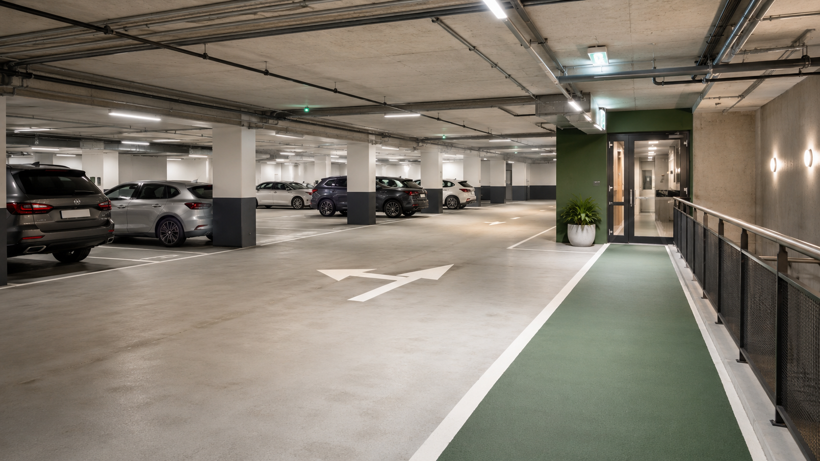 Parkeringsgarage med optimerade kör- och gångstråk