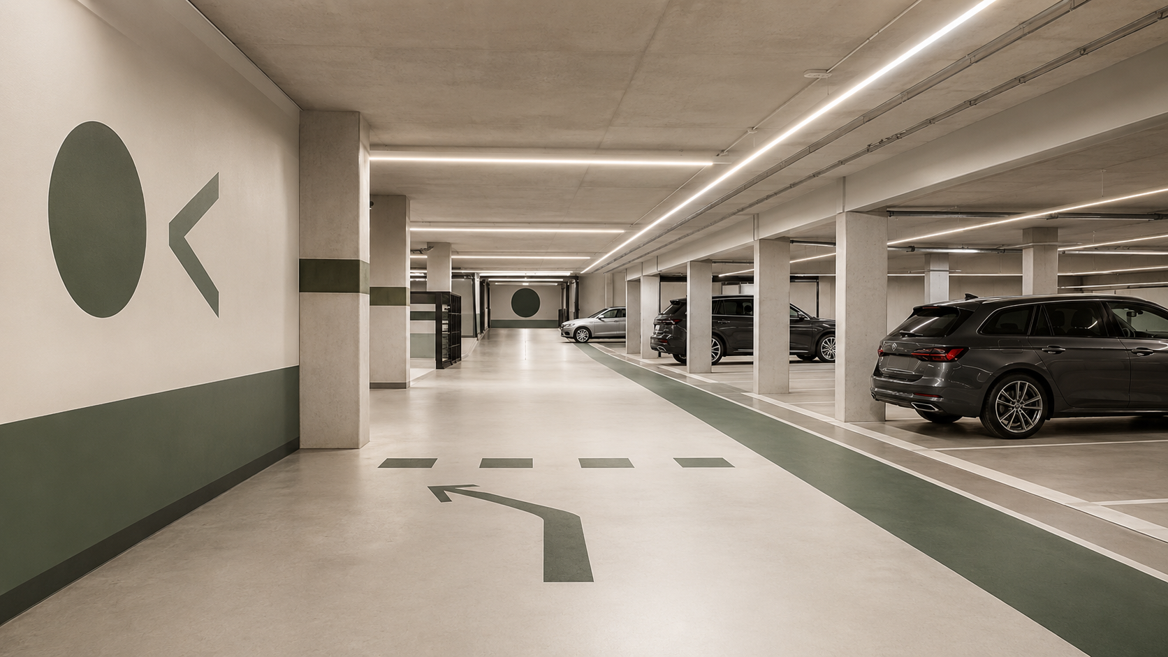 Ljust parkeringsgarage med tydlig vägvisning